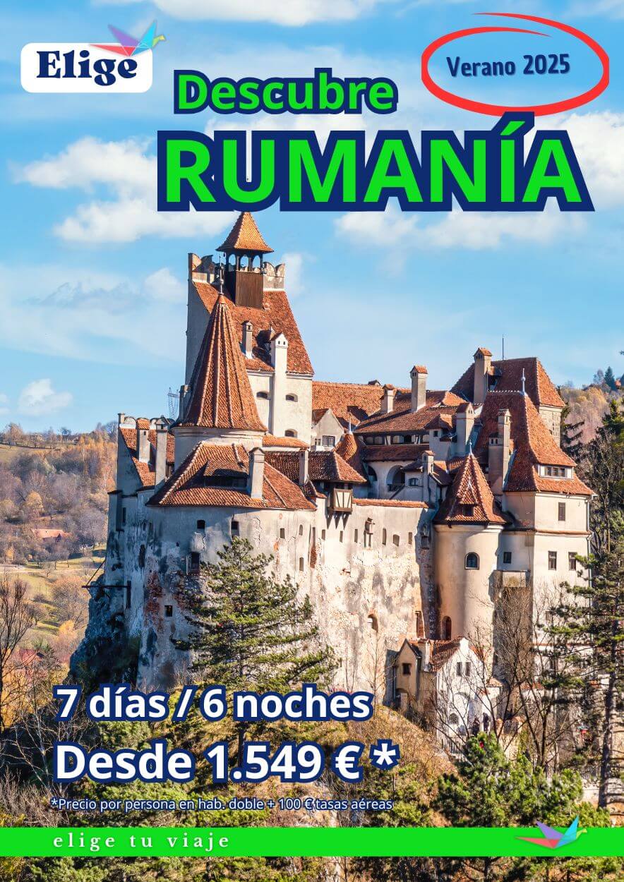 Circuito DESCUBRE RUMANÍA, verano 2025 desde Madrid; 7 días / 6 noches; incluye vuelos, traslados aeropuerto / hotel / aeropuerto, transporte con aire acondicionado (variable según número de personas), 6 noches de alojamiento en hoteles de categoría 4*, 6 desayunos + 5 almuerzos + 2 cenas con agua, guía local de habla hispana durante las visitas con entradas incluidas y seguro básico de viaje (inclusión), para Agencias de Viajes con Elige tu Viaje.
